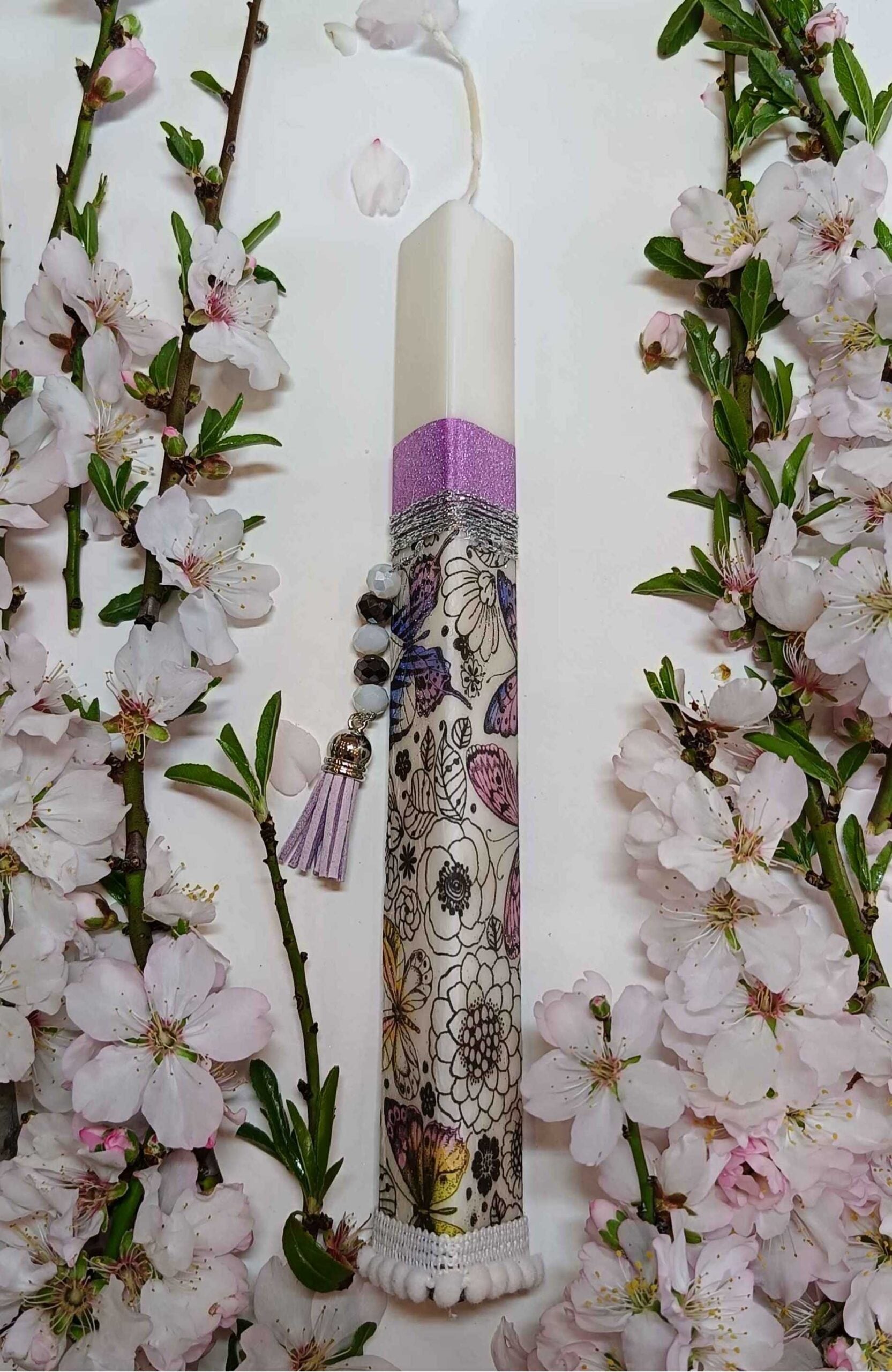 xeiropoihtes trigwnikes floral 22cm mov